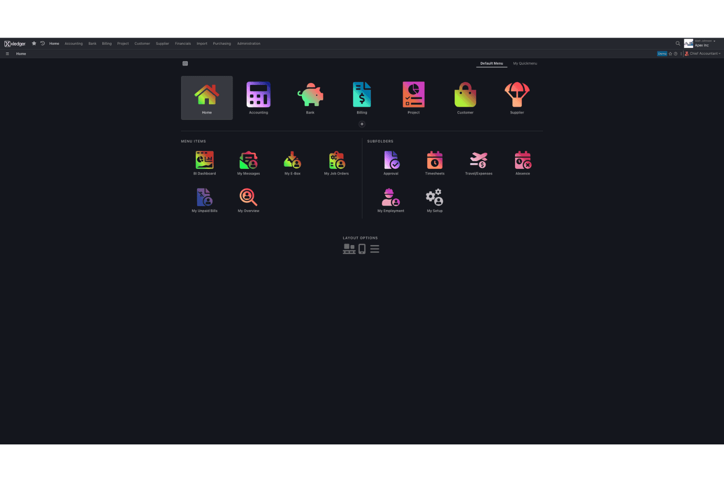 Xledger dark-themed home dashboard with colorful icon menu and subfolders.