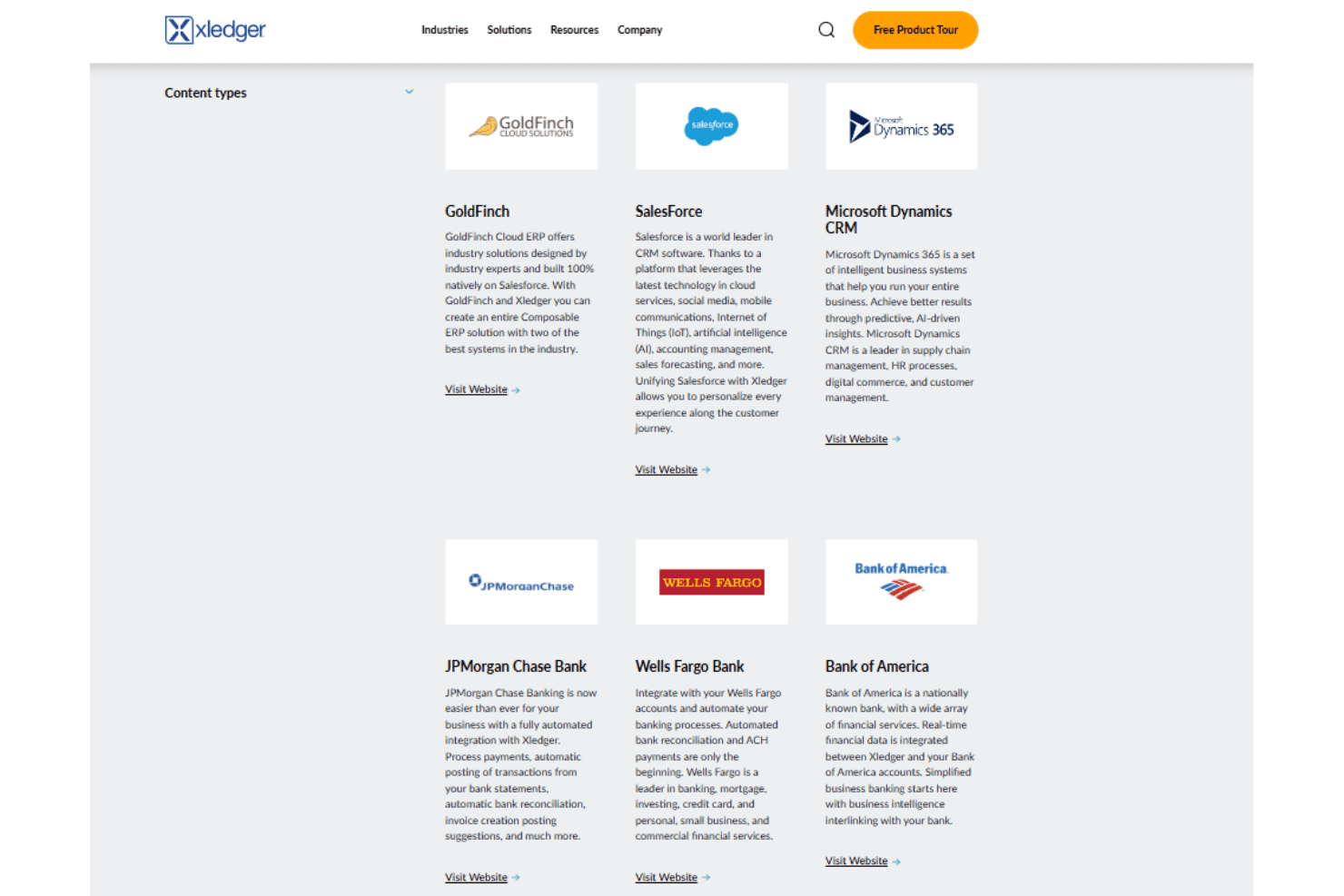 Xledger integrations page showing GoldFinch, Microsoft Dynamics, and Bank of America.