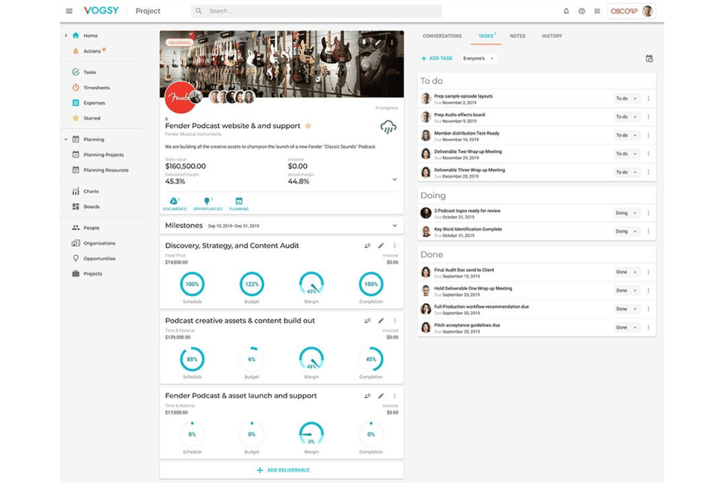 VOGSY interface with project tracking, timesheets, billing, and reporting tools.