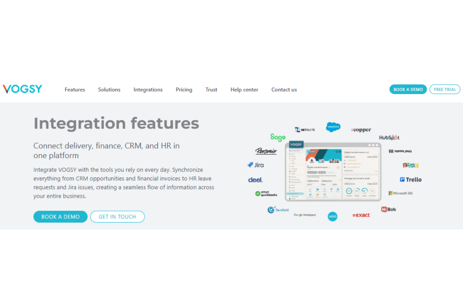 VOGSY integrations with Google Workspace, Microsoft 365, Salesforce, Jira, and Xero.