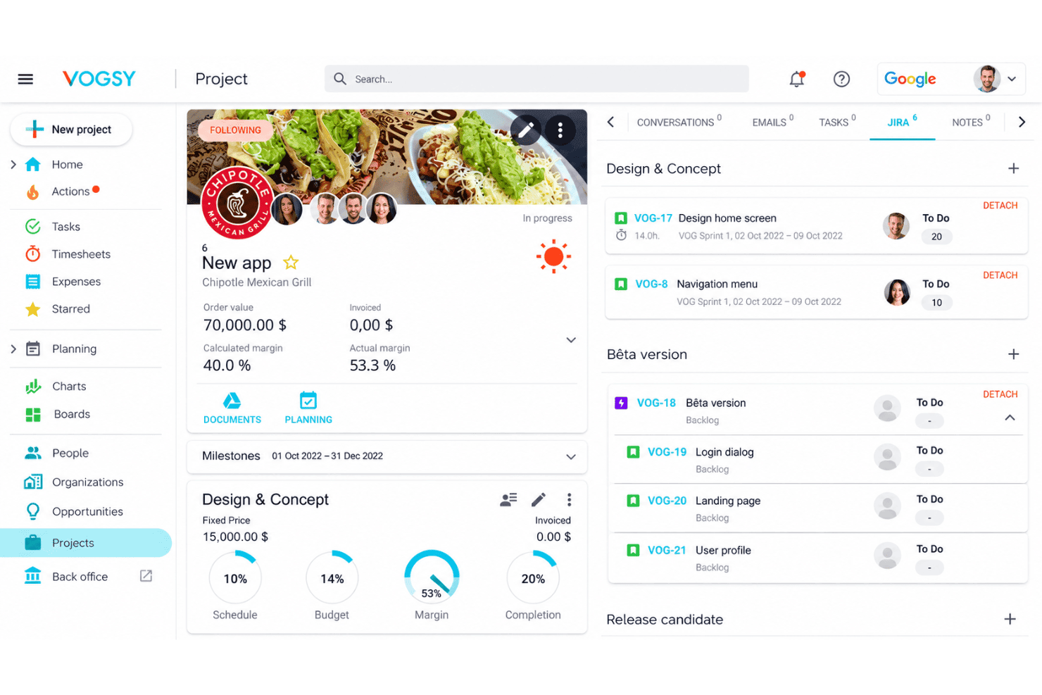 VOGSY project management with tasks, milestones, budgets, and project tracking.