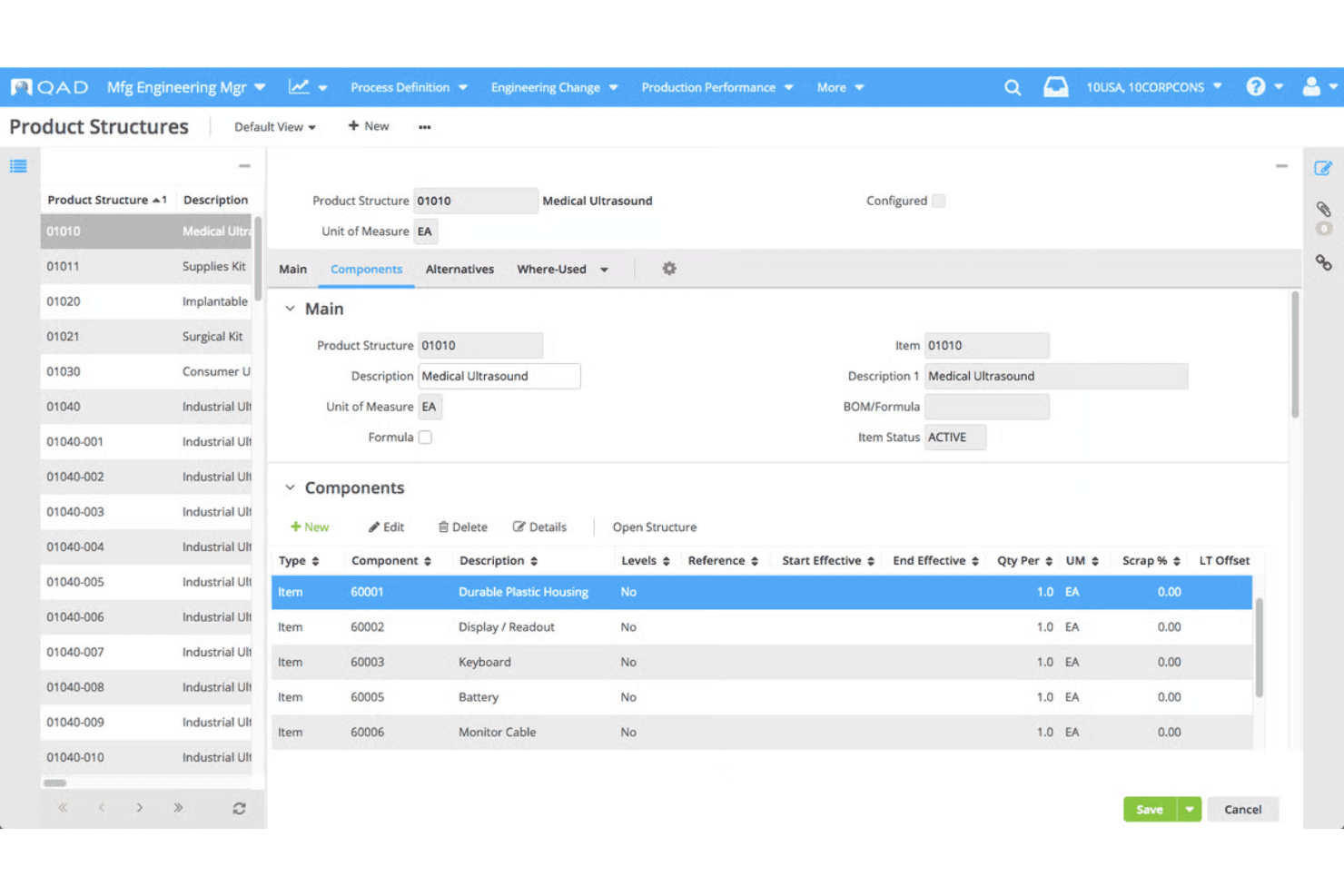 QAD Adaptive ERP manufacturing process models and production workflows.