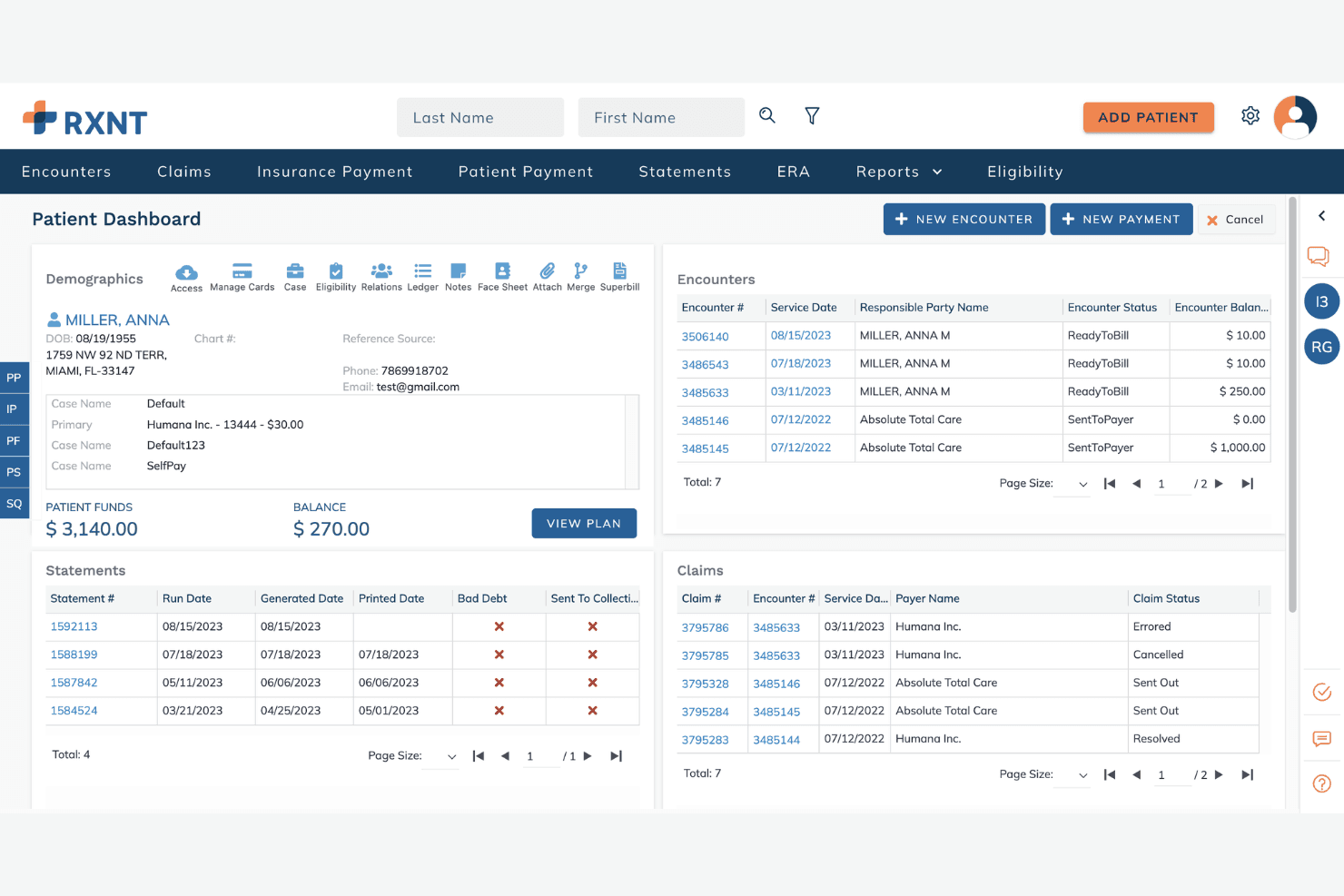 RXNT offers a comprehensive Patient Dashboard displaying demographics, encounters, claims, statements, and balance information in a single unified view.