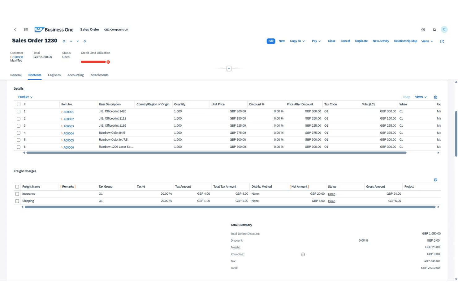 SAP Business One sales order