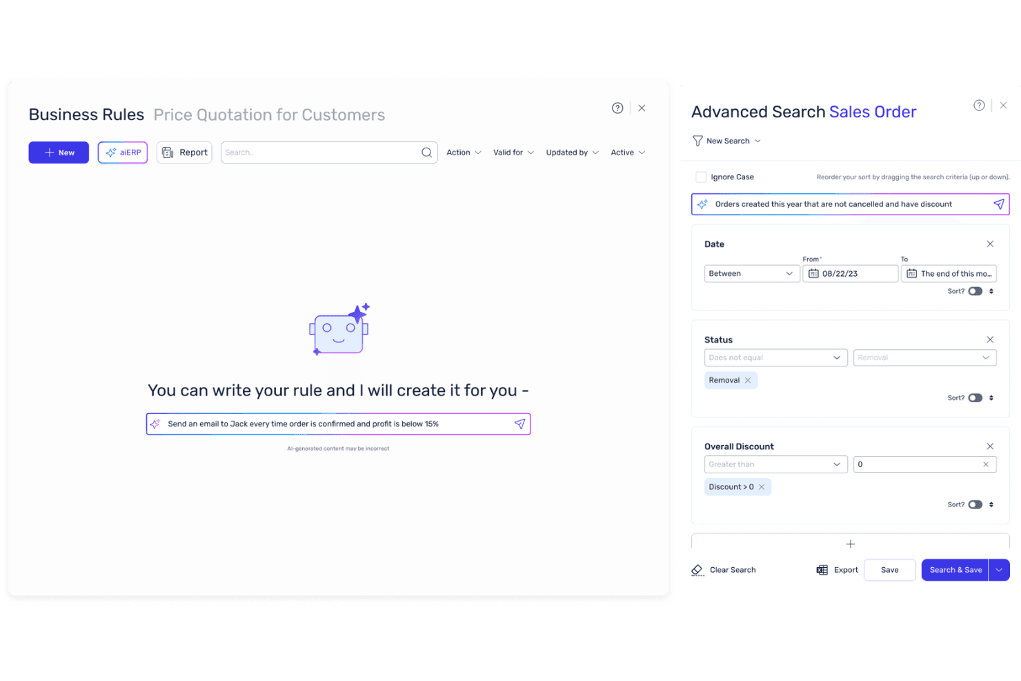 Priority ERP UI showing AI business rules creator and advanced sales order search panel.