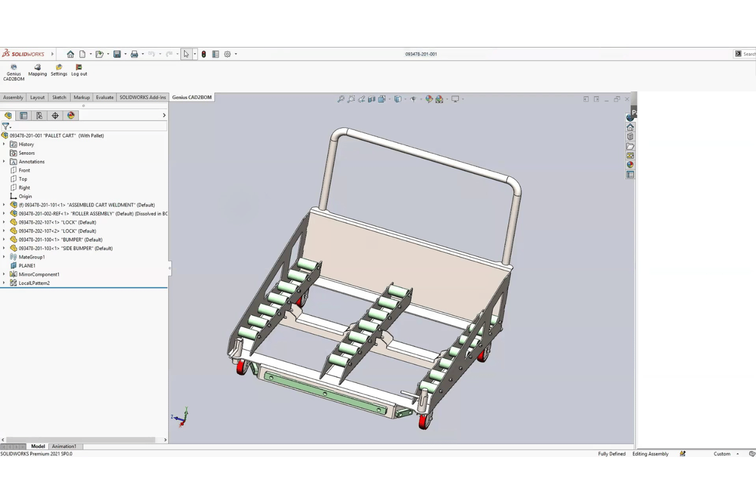 SolidWorks CAD assembly linked with Genius ERP BOM integration tools