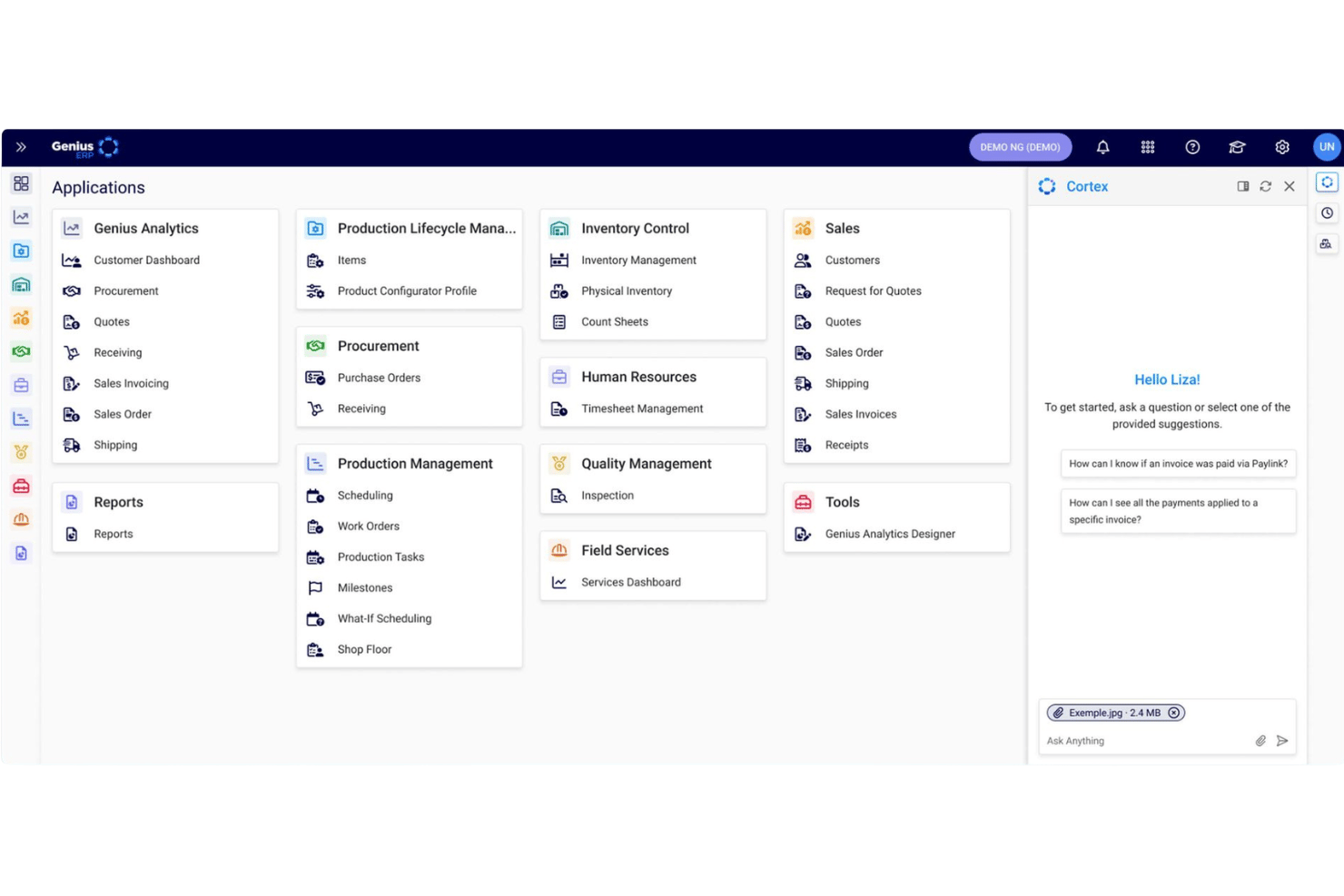 Genius ERP application dashboard