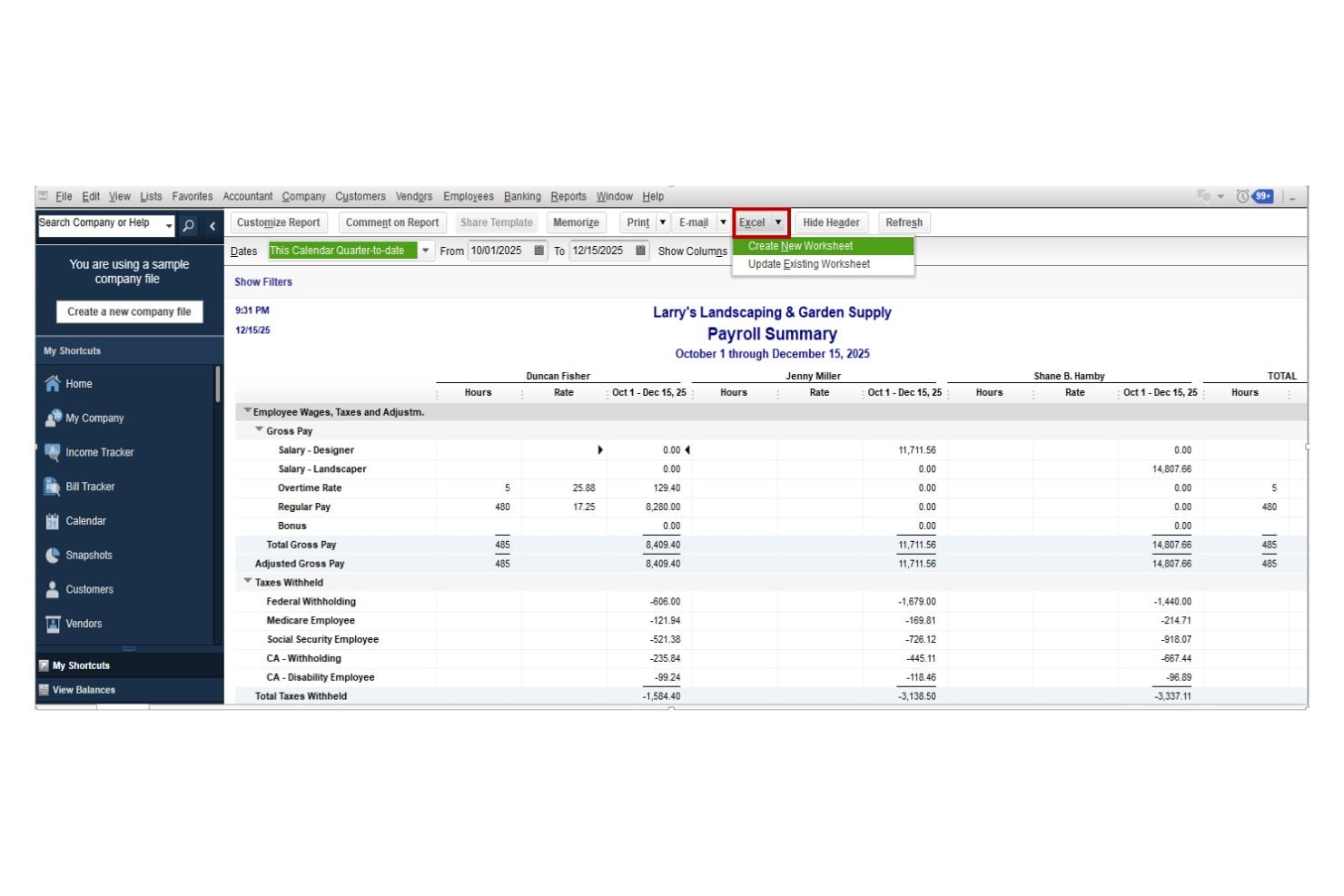 QuickBooks Workforce offers a Payroll Summary report with Excel export options, displaying employee wages, taxes, and deductions by pay period.