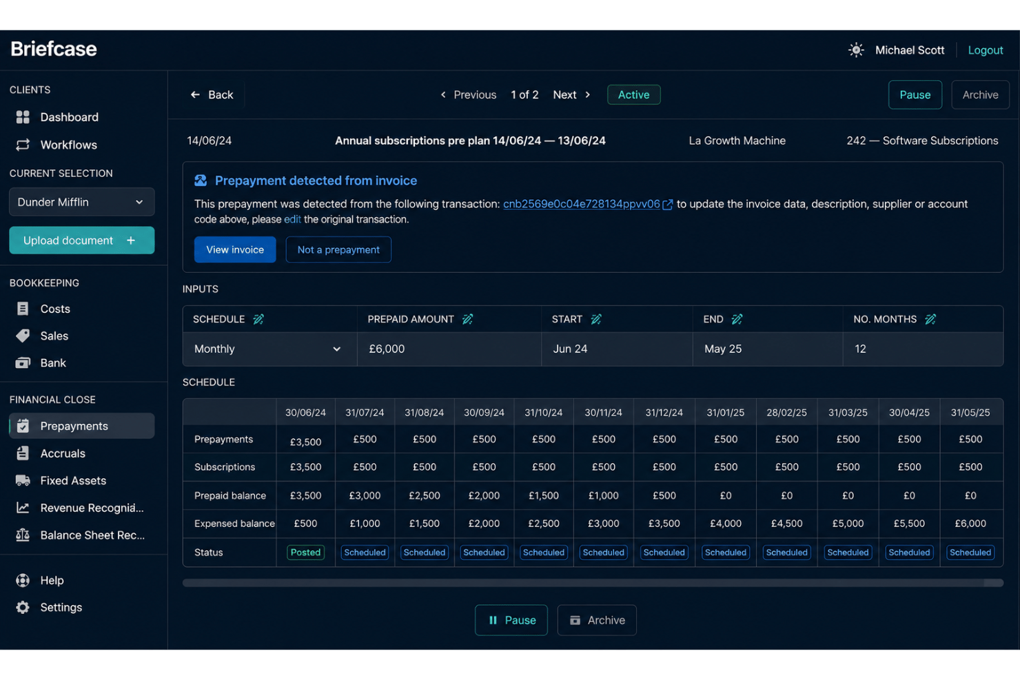 Briefcase payment recommendations dashboard featuring AI cash flow forecasting, bill prioritization, vendor payment scheduling, working capital optimization, payment insights, and accounts payable automation.