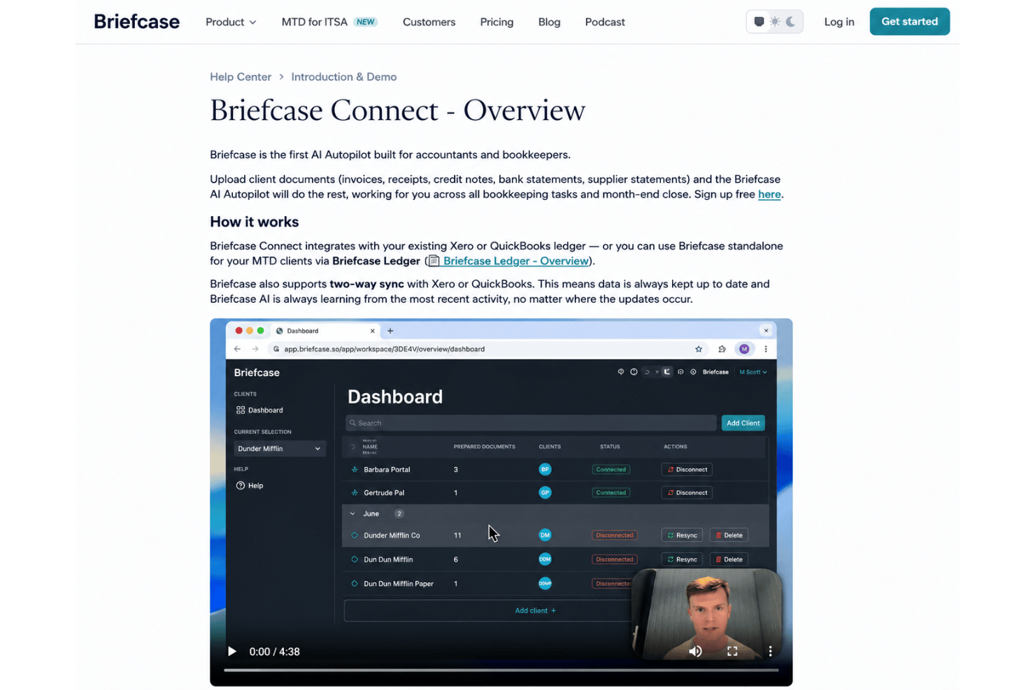 Briefcase onboarding featuring guided setup, in-app walkthroughs, help center, live chat support, onboarding resources, finance software training, and AI-powered accounting platform setup.