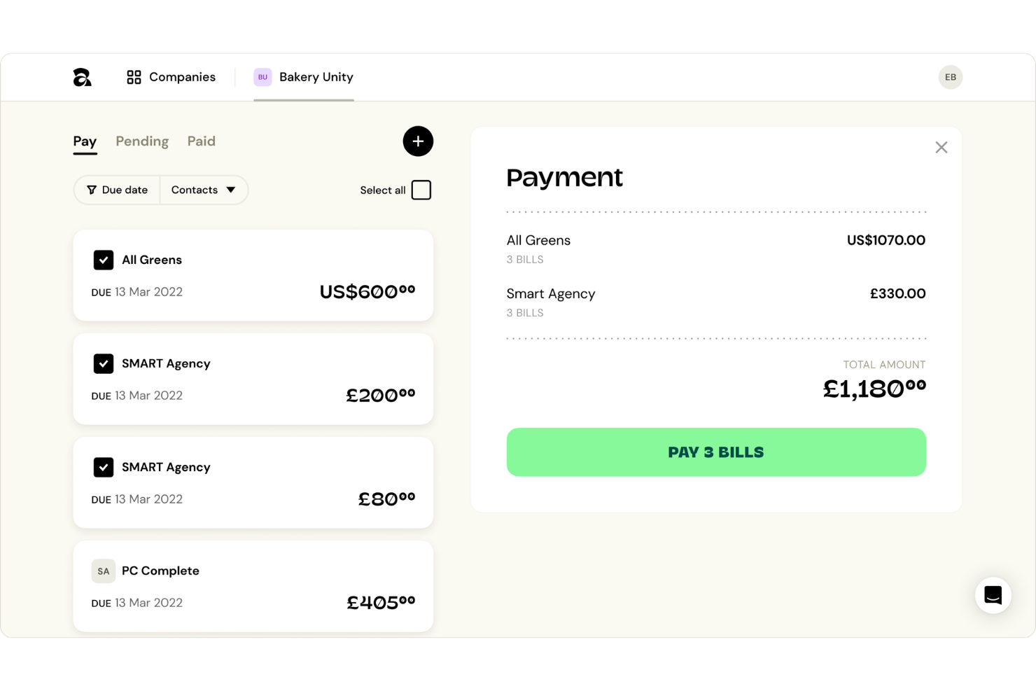 Apron batch payments dashboard for multiple supplier invoices.