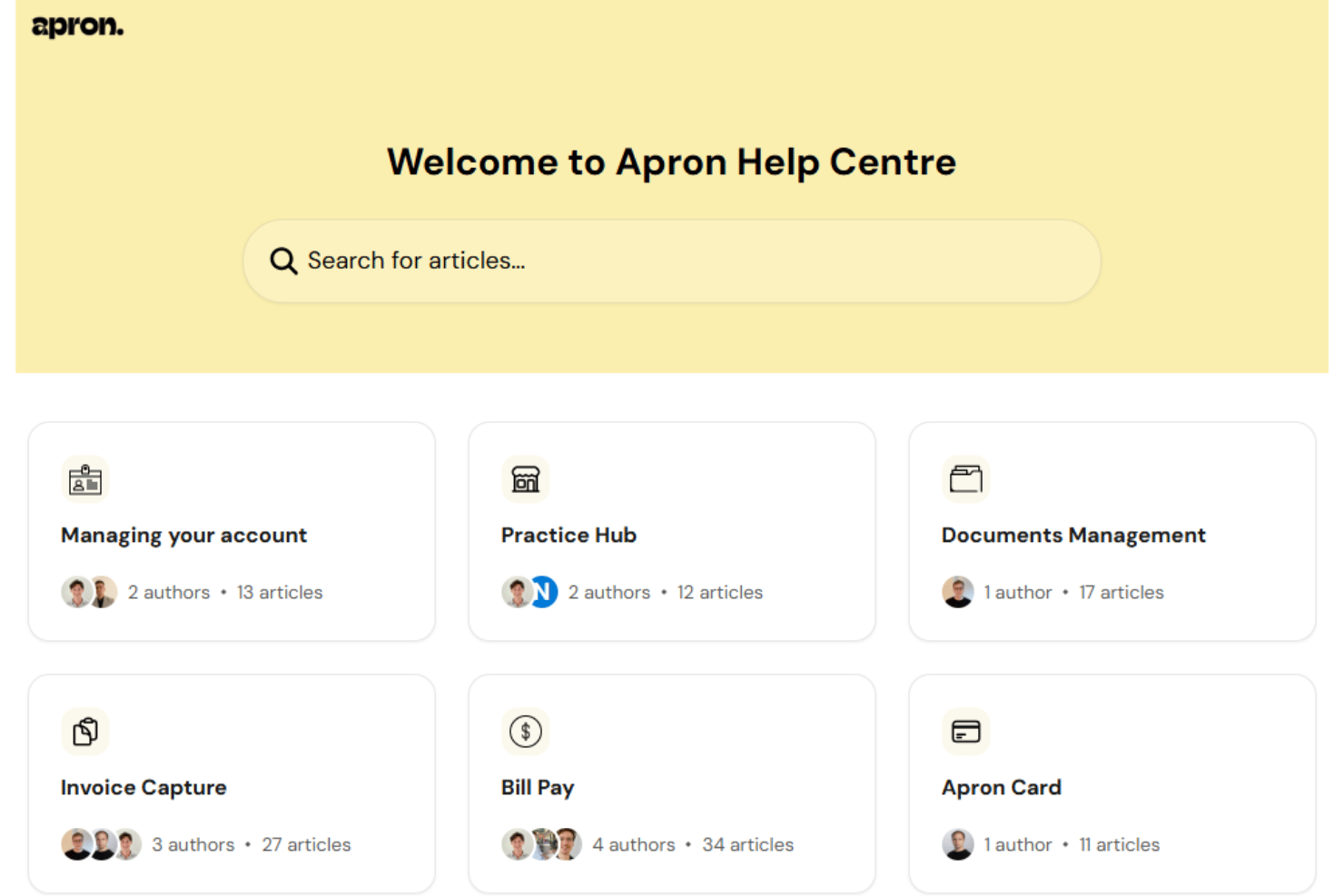 Apron support center with live chat and help resources.