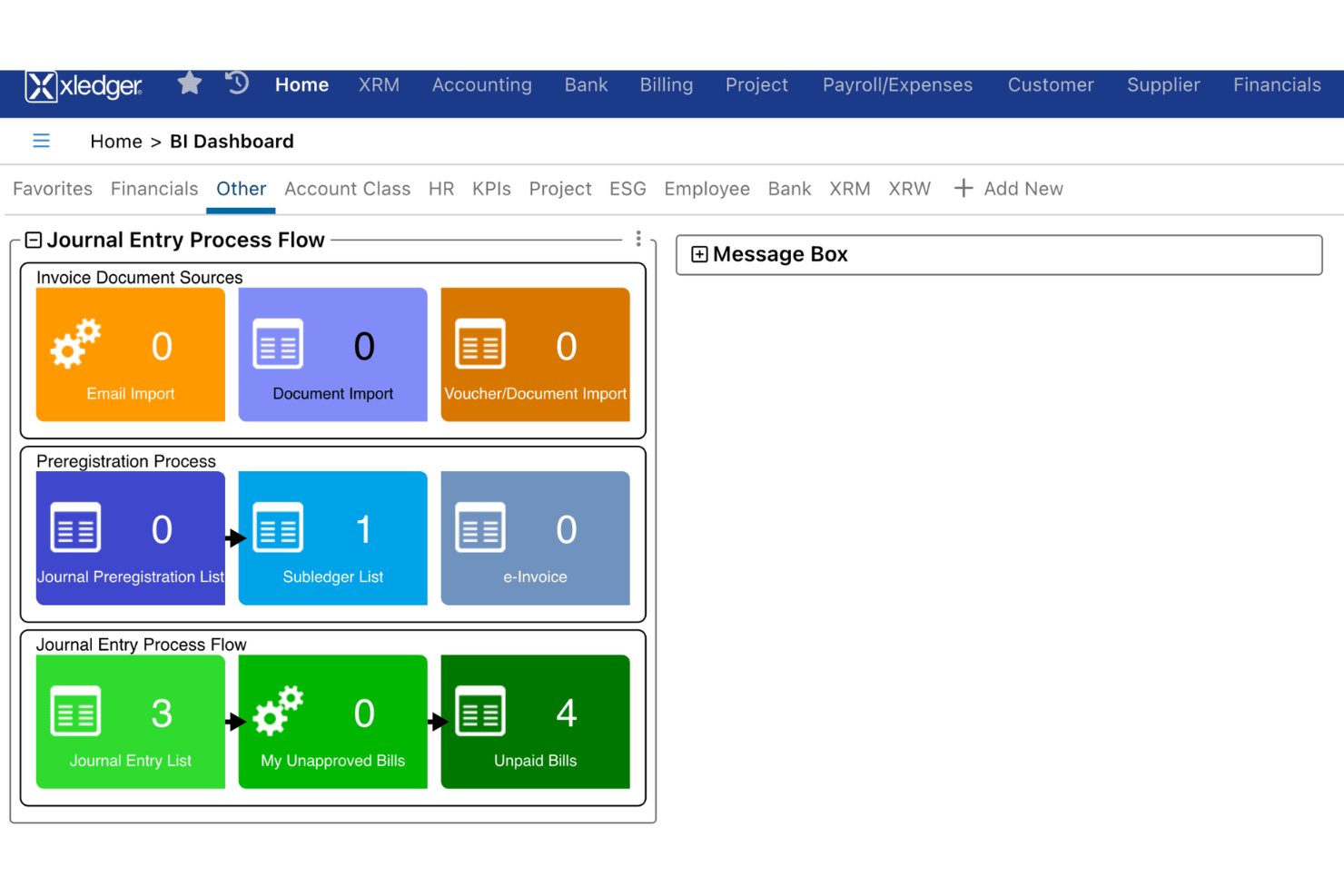 Xledger BI Dashboard showing journal entry process flow with invoice and billing tiles.