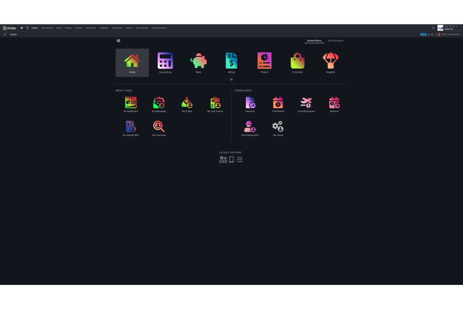 Xledger dark-themed home dashboard with colorful icon menu and subfolders.
