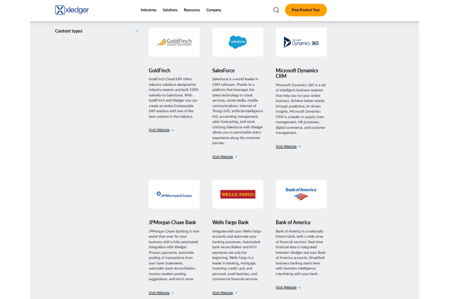 Xledger integrations page showing GoldFinch, Microsoft Dynamics, and Bank of America.