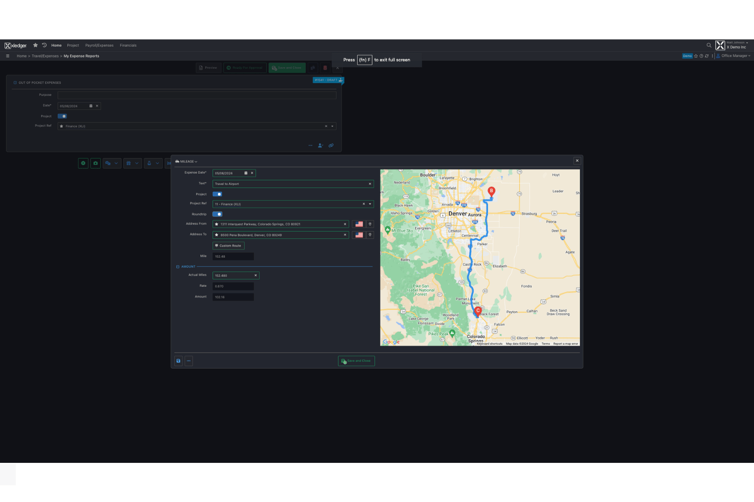 Xledger expense form with Google Maps route from Colorado Springs to Denver.