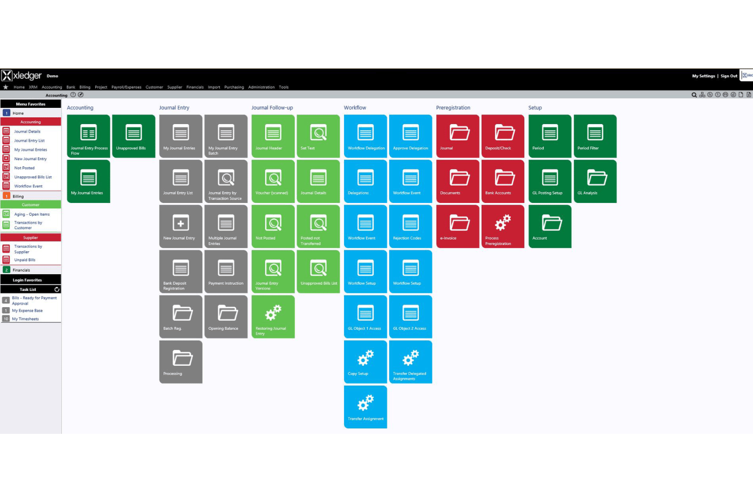 Xledger accounting dashboard showing categorized module tiles for journal entry, workflow, and setup.