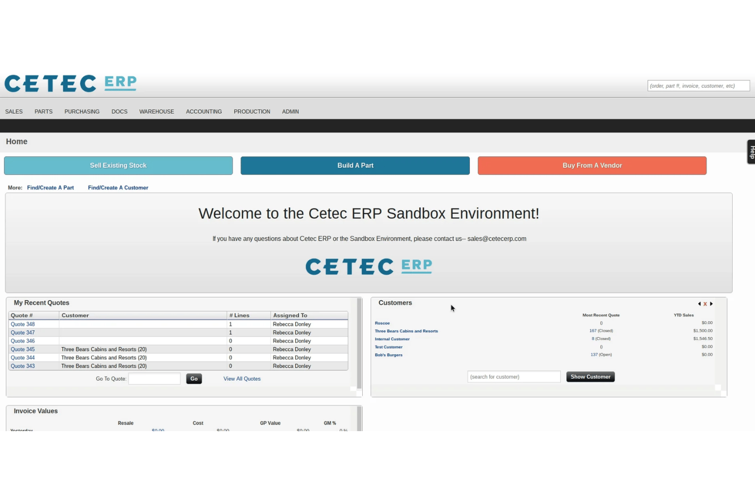 Cetec ERP interface with manufacturing, inventory, and quality workflows.