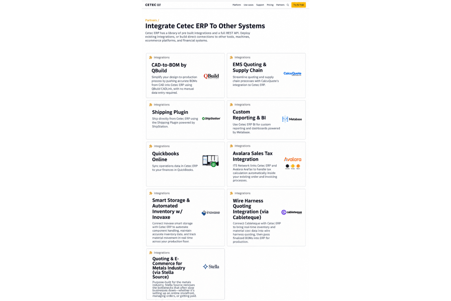 Cetec ERP integrations with QuickBooks, HubSpot, ShipStation, and Zapier.