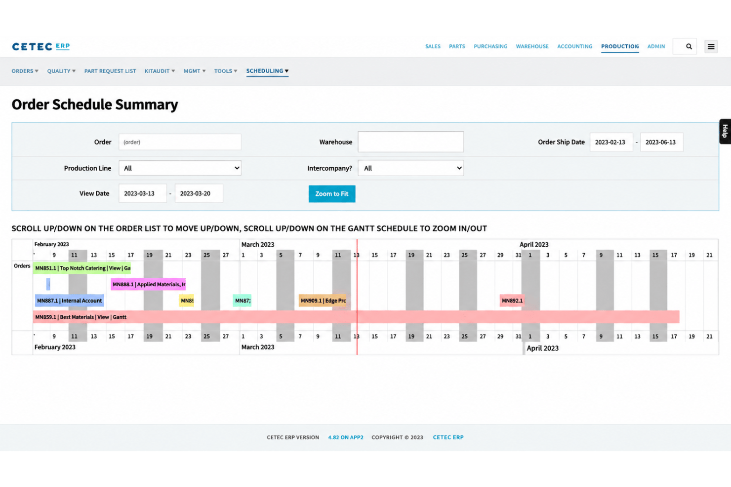 Cetec ERP production scheduling board with jobs and manufacturing timelines.