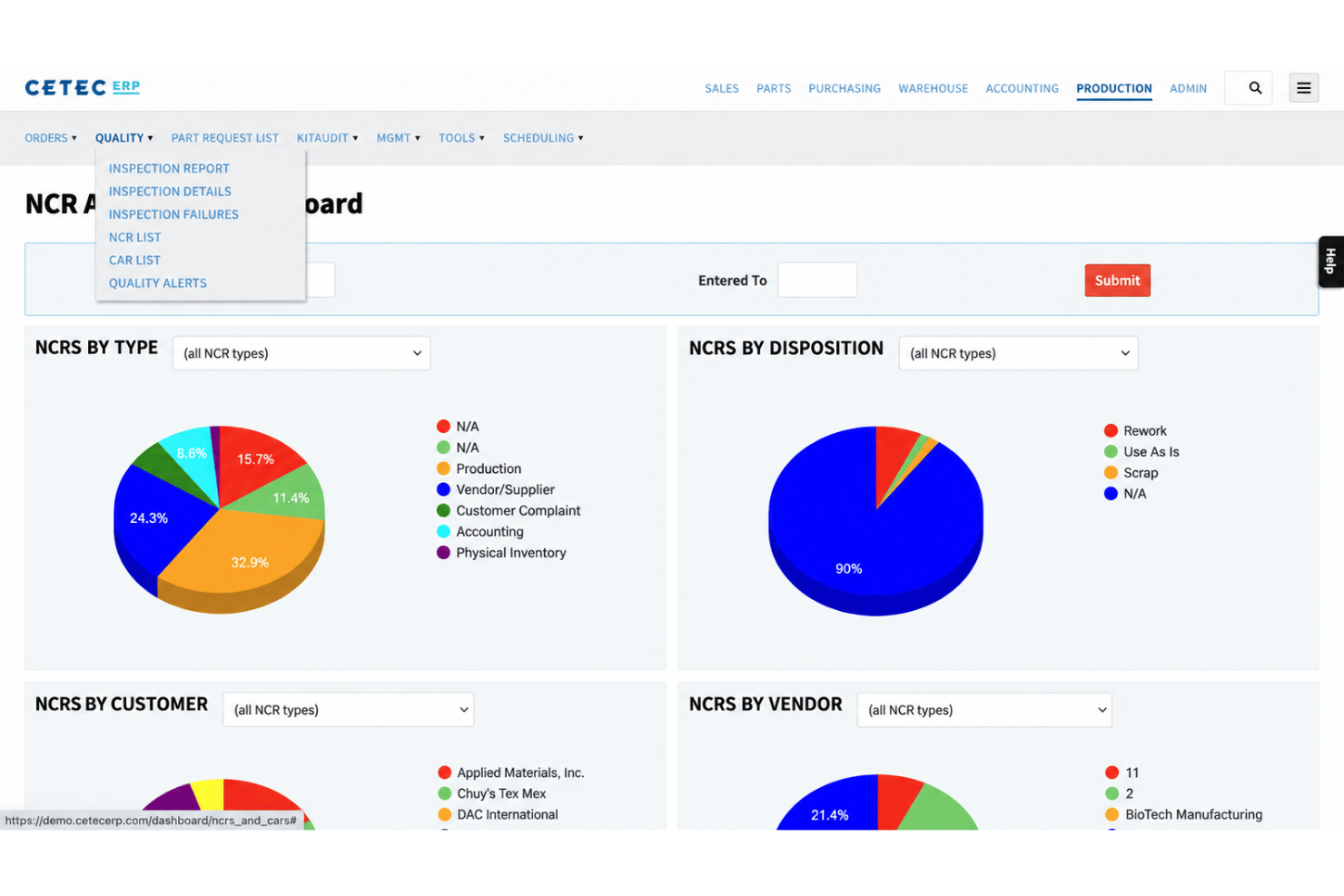 Cetec ERP quality management with inspections, NCRs, and traceability.