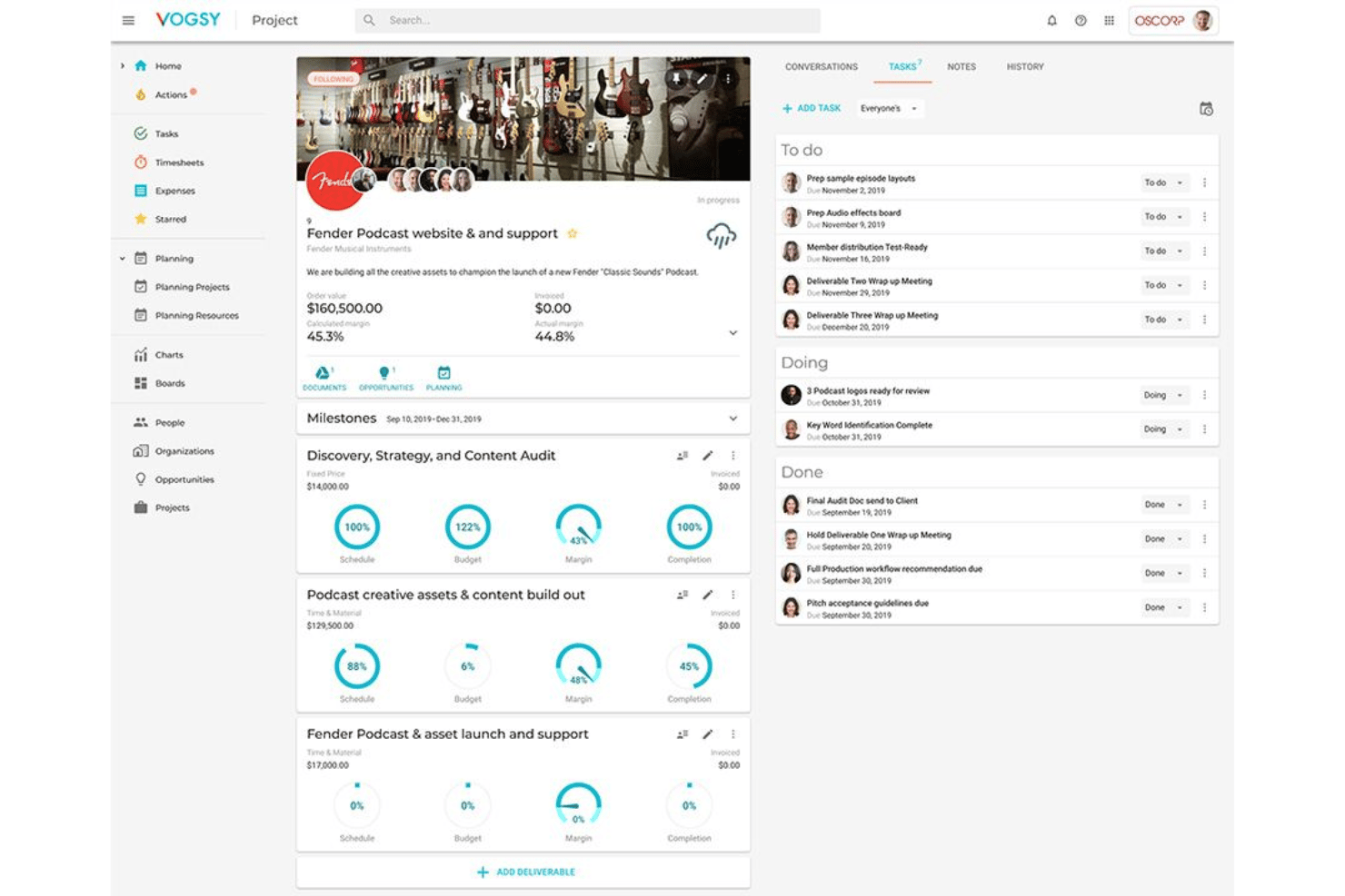 VOGSY interface for managing projects, time, resources, and billing.