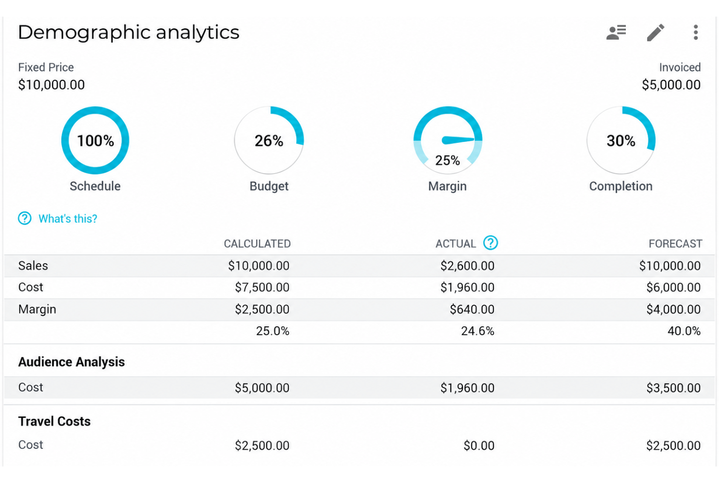 VOGSY project accounting with budgets, forecasts, and actual costs.