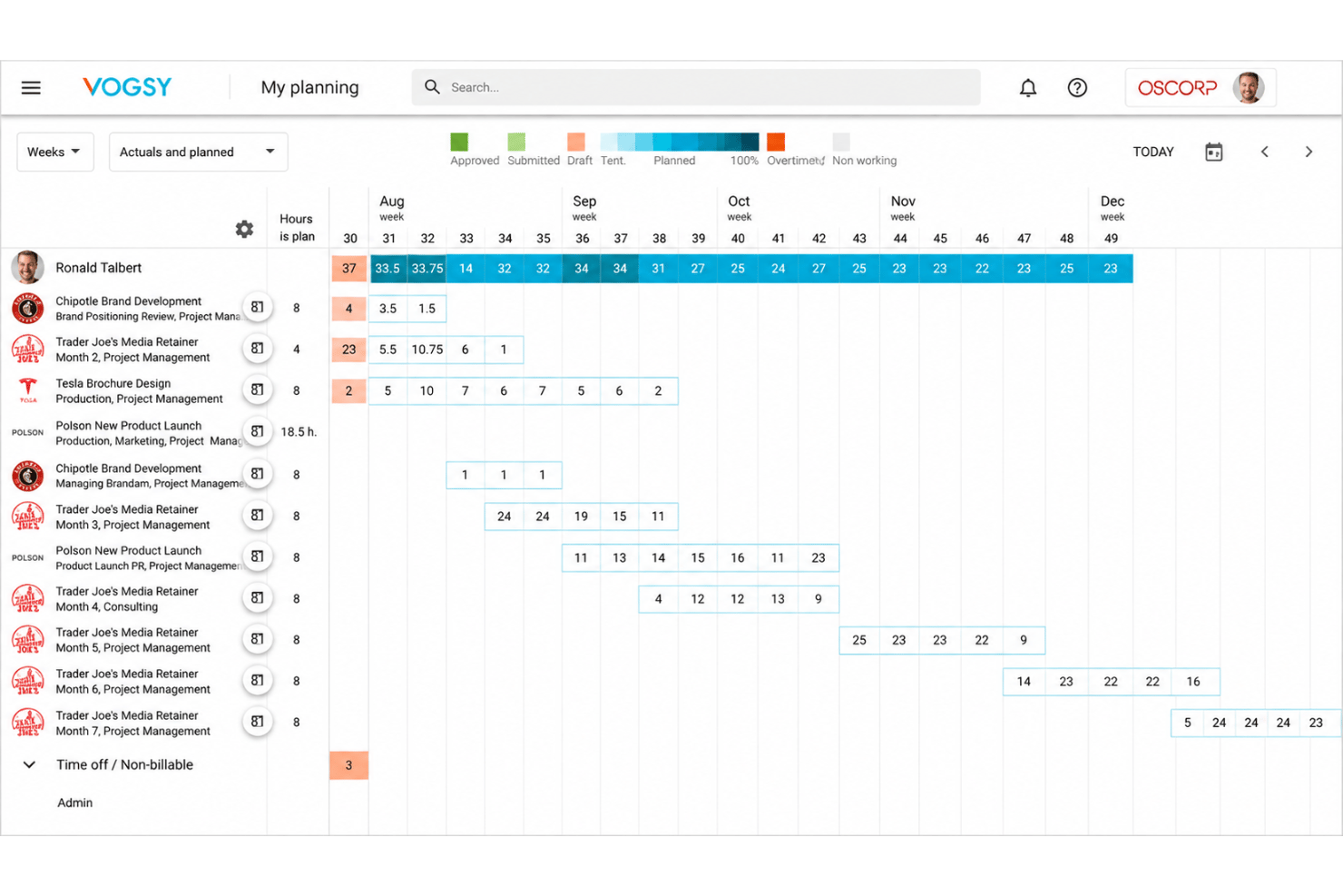 VOGSY resource planning with team availability and project allocations.