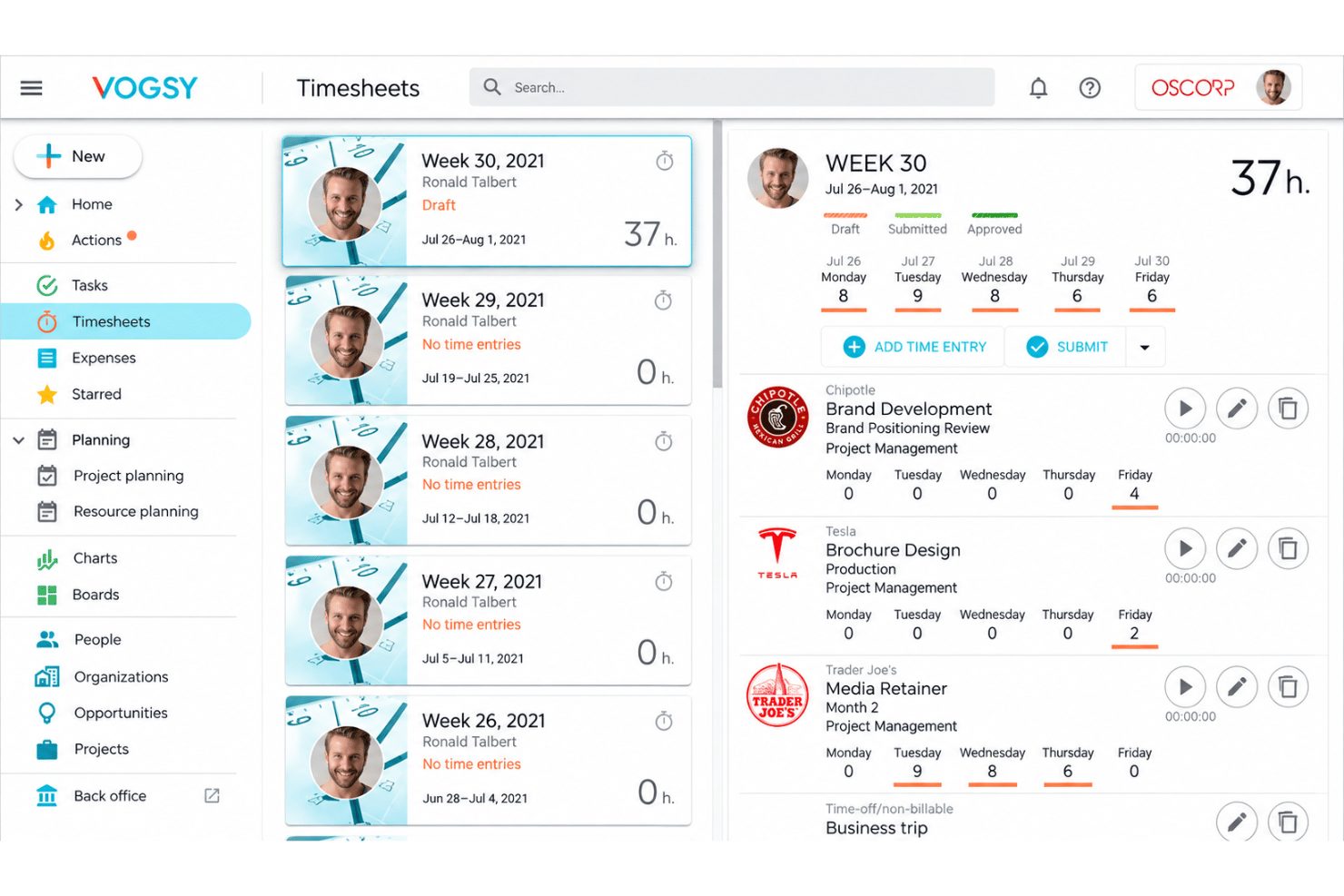 VOGSY timesheet and expense tracking with billable hours and costs.