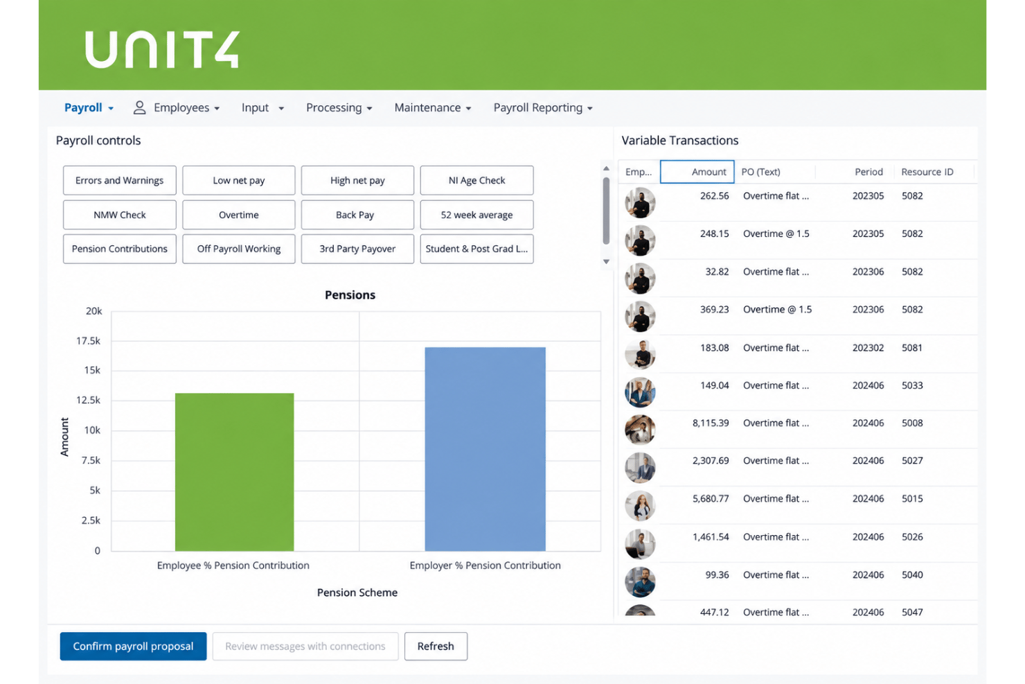 Unit4 HR and payroll with employee records and self-service tools.
