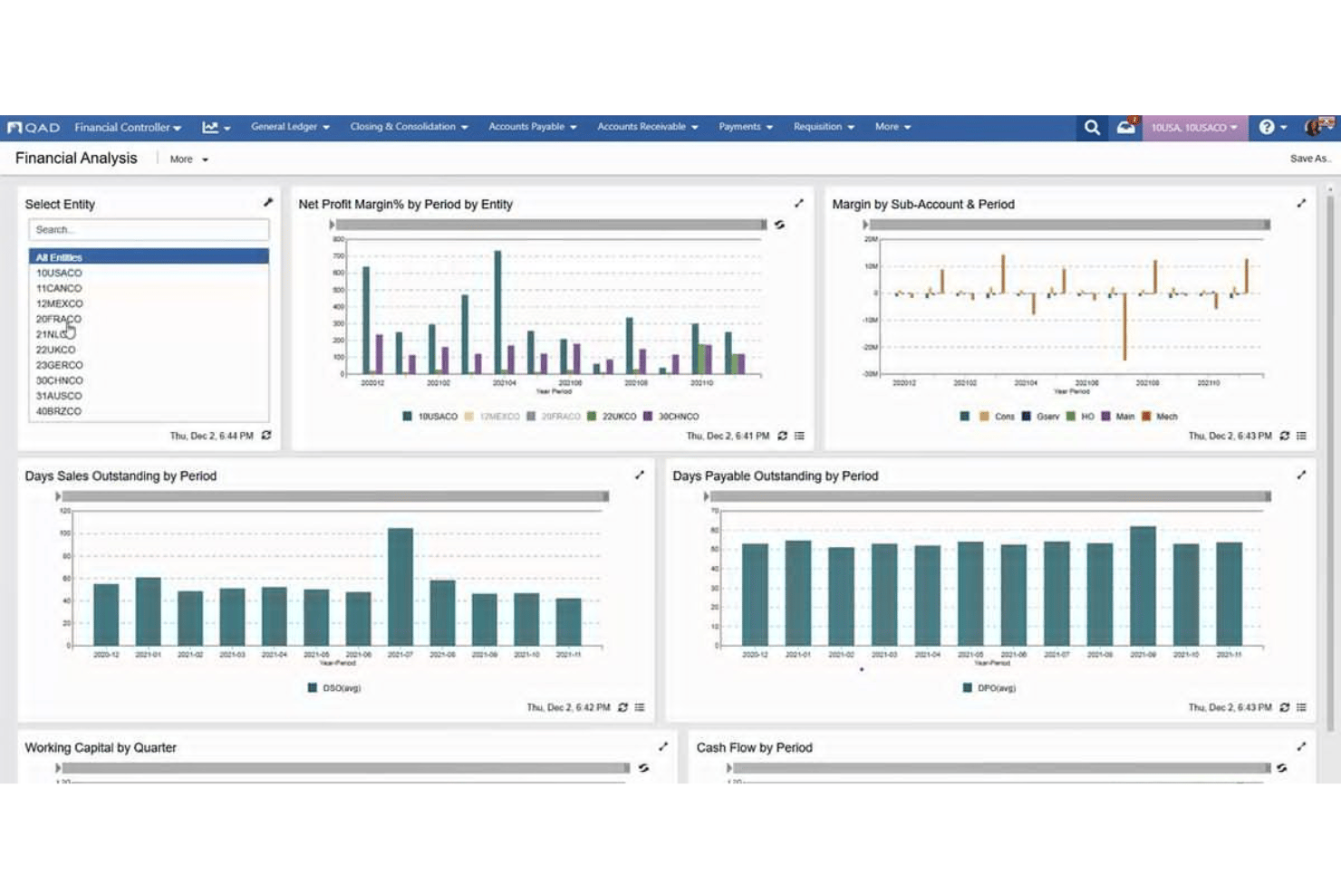 QAD Adaptive ERP financial management with entities and currencies.