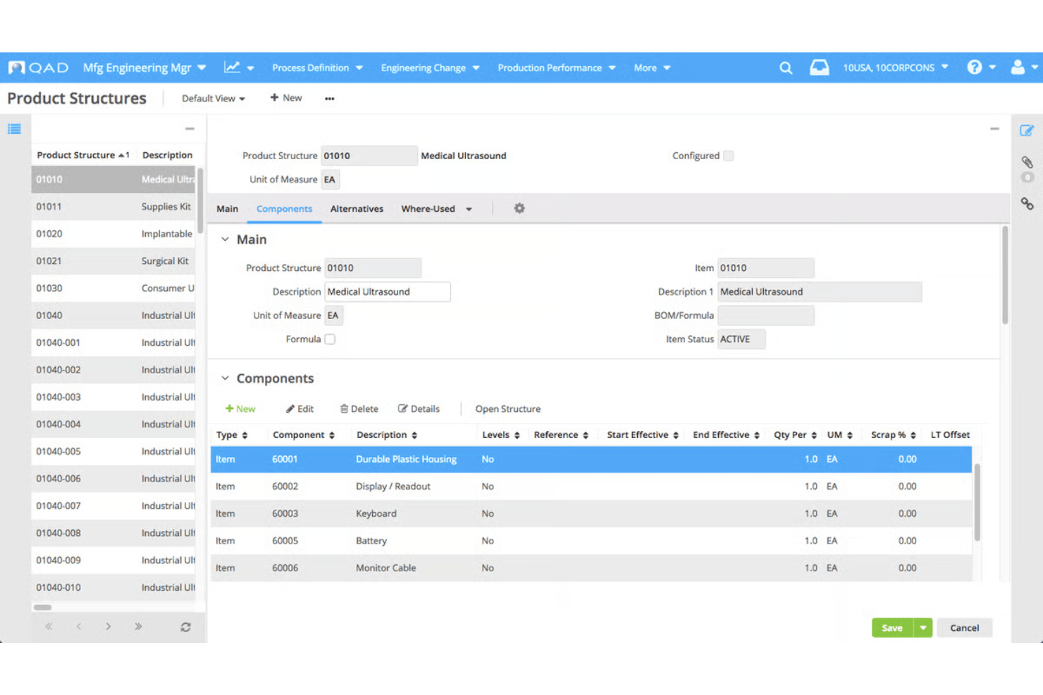 QAD Adaptive ERP manufacturing process models and production workflows.