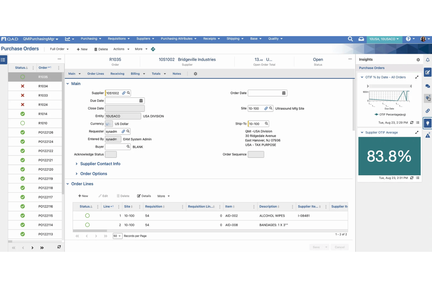 QAD Adaptive ERP modules for production, inventory, and procurement.
