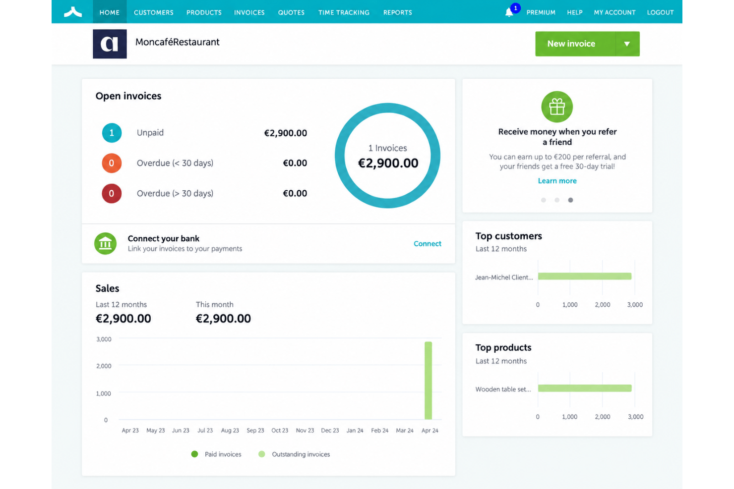Zervant interface with invoice creation, VAT, quotes, and billing tools.