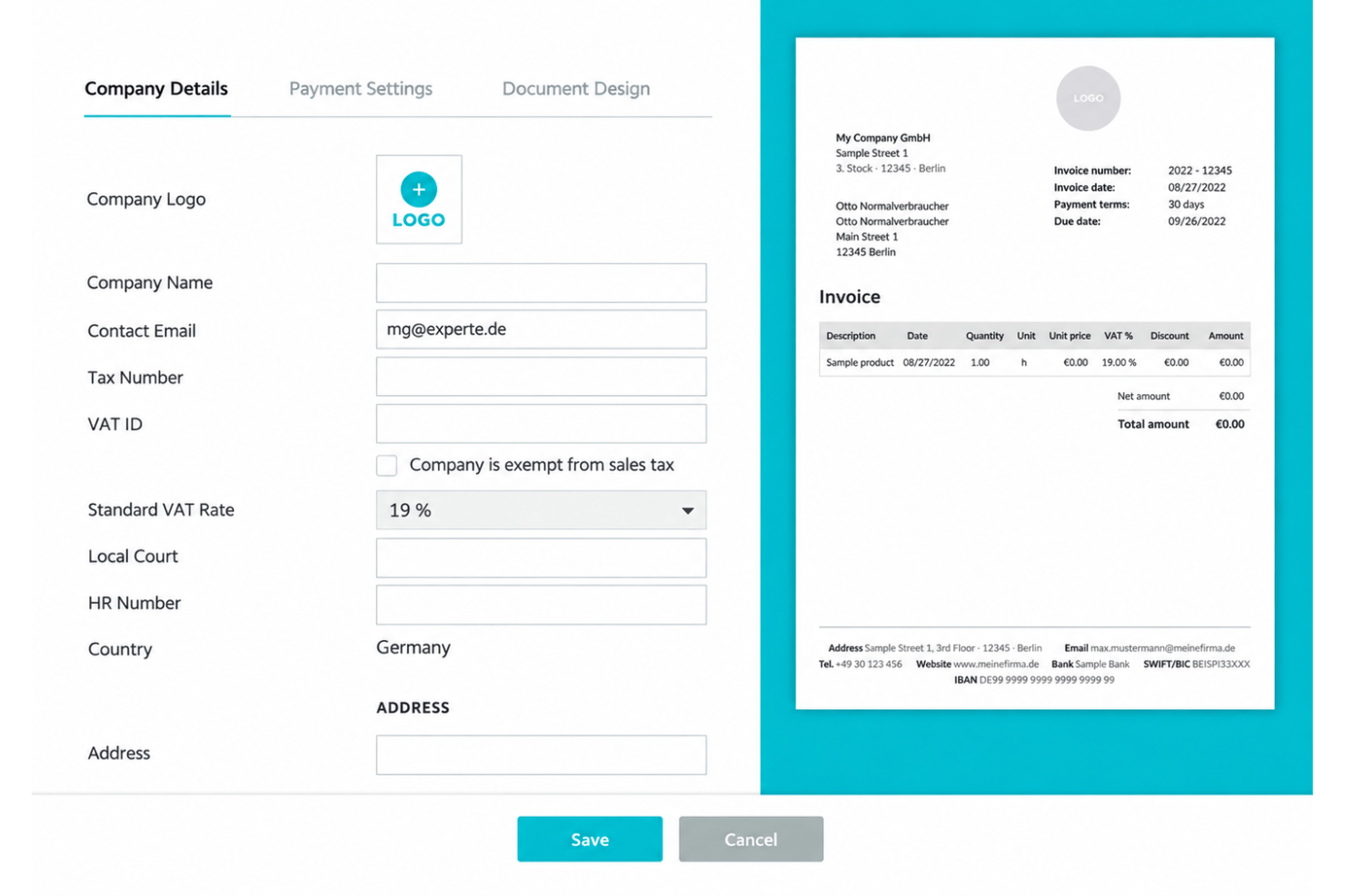 Zervant invoice creation with templates, branding, VAT, and languages.