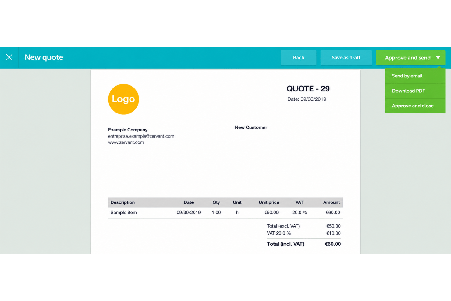 Zervant quote and estimate with one-click invoice conversion.