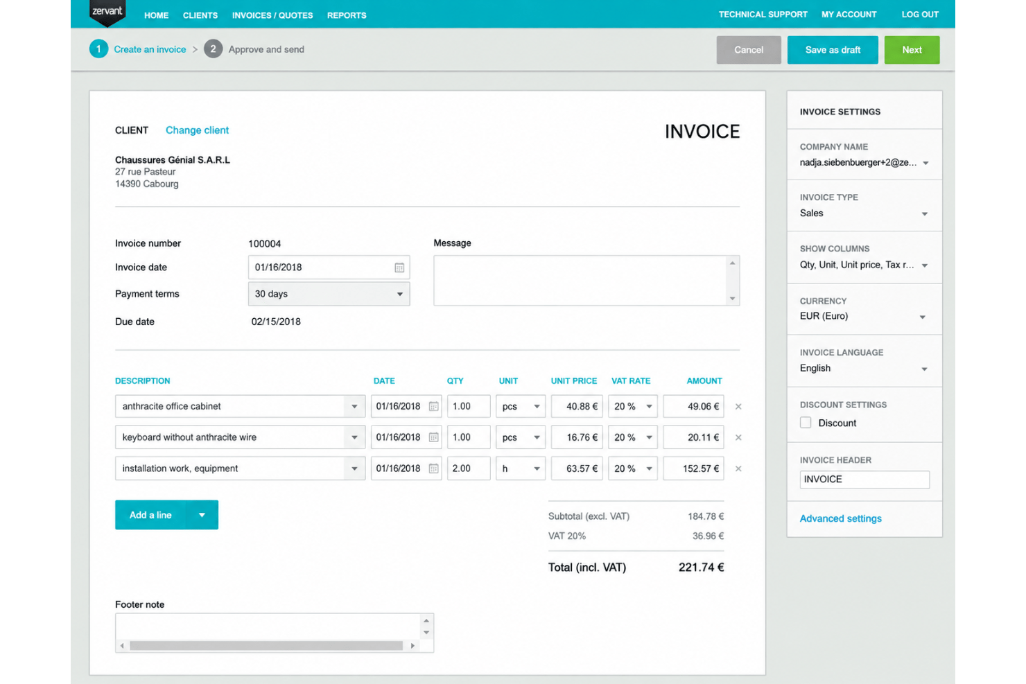 Zervant VAT invoicing with tax rates and compliant invoice breakdowns.