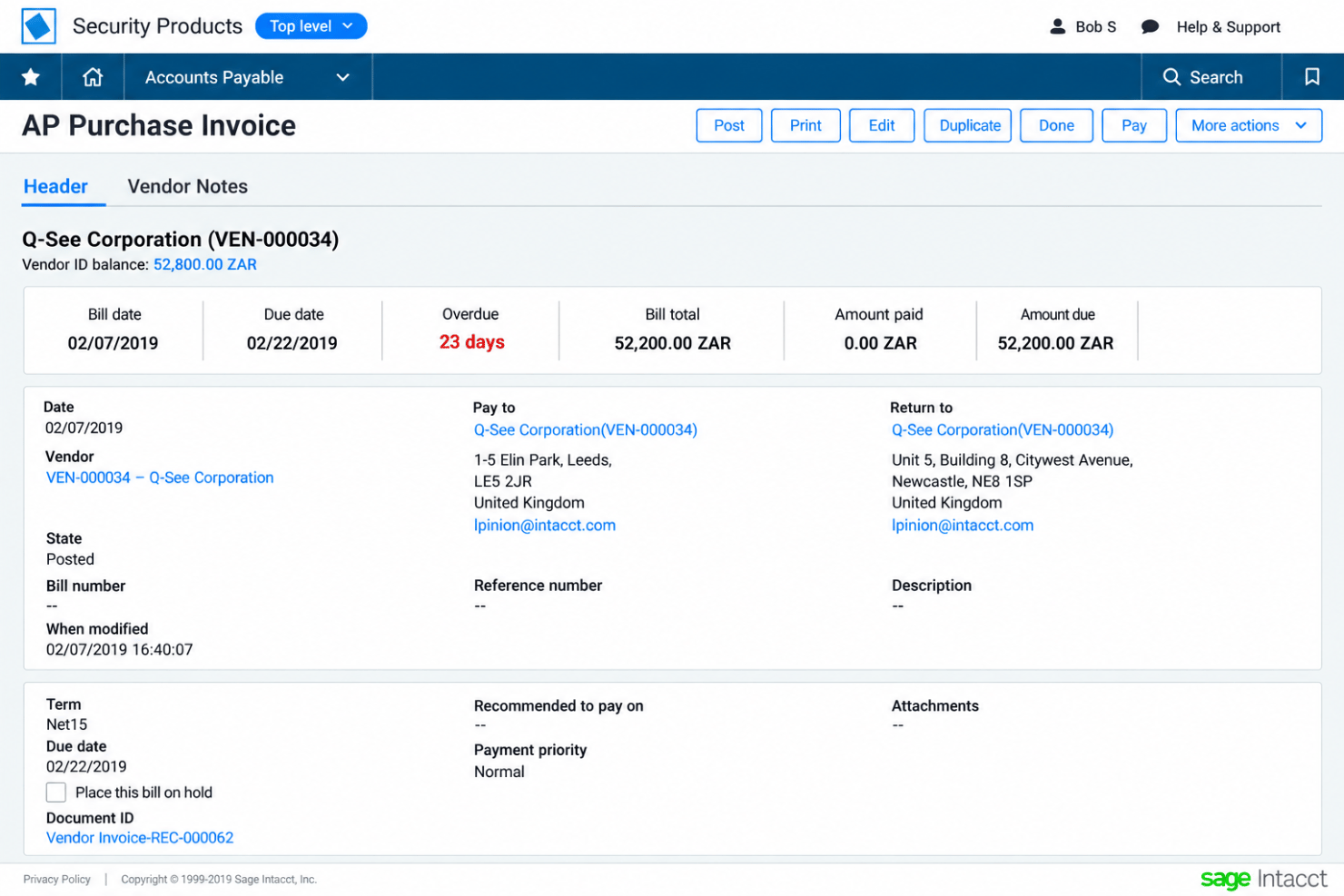 Sage Intacct accounts payable with invoices, approvals, and payments.
