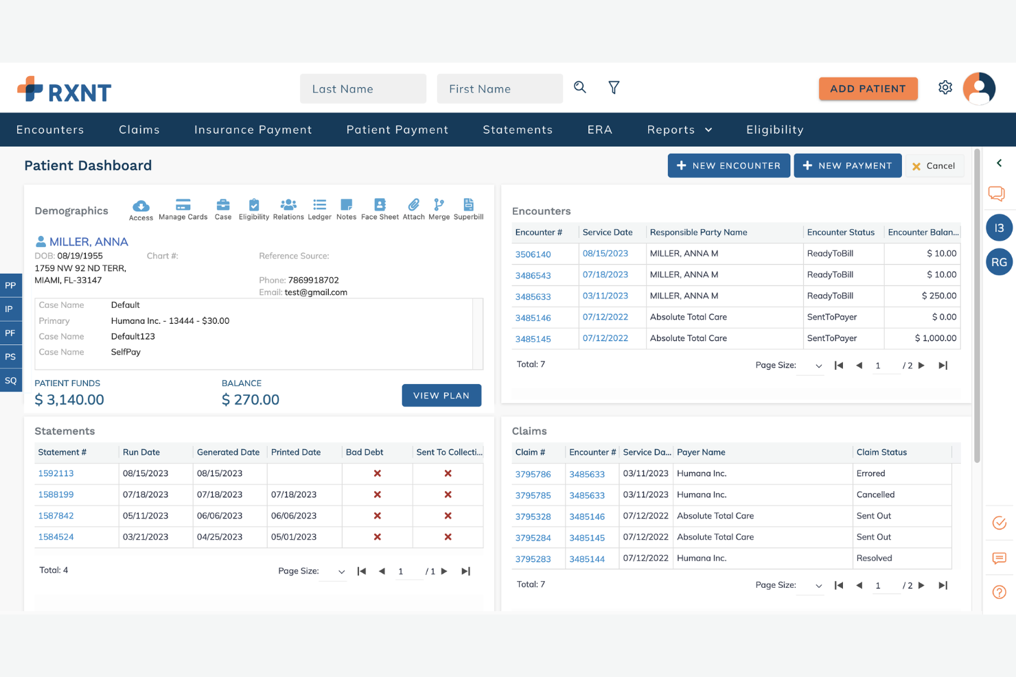 RXNT offers a comprehensive Patient Dashboard displaying demographics, encounters, claims, statements, and balance information in a single unified view.