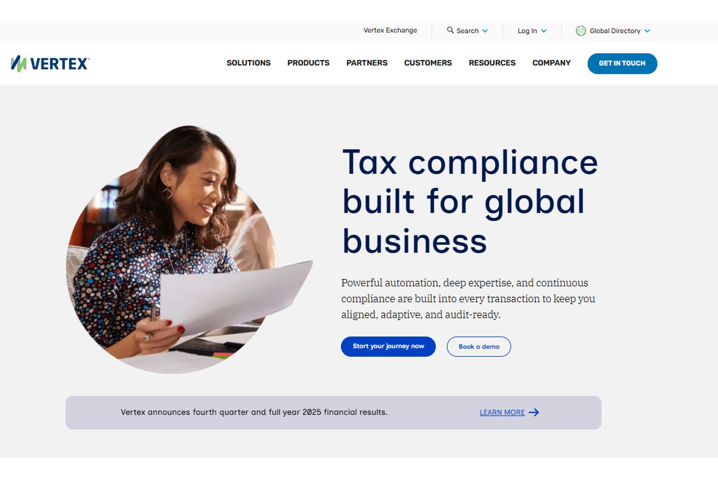 Vertex's homepage highlights its tax compliance platform built for global business, featuring automation and continuous compliance capabilities.