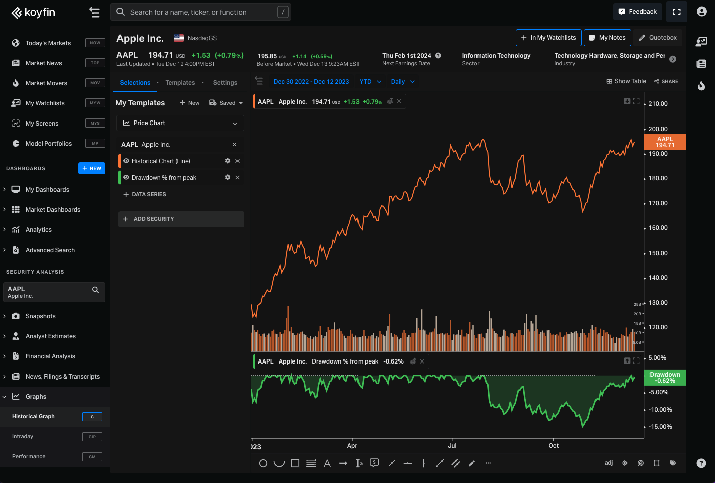 Koyfin screenshot - 5 meilleurs logiciels d’analyse financière évalués en 2026