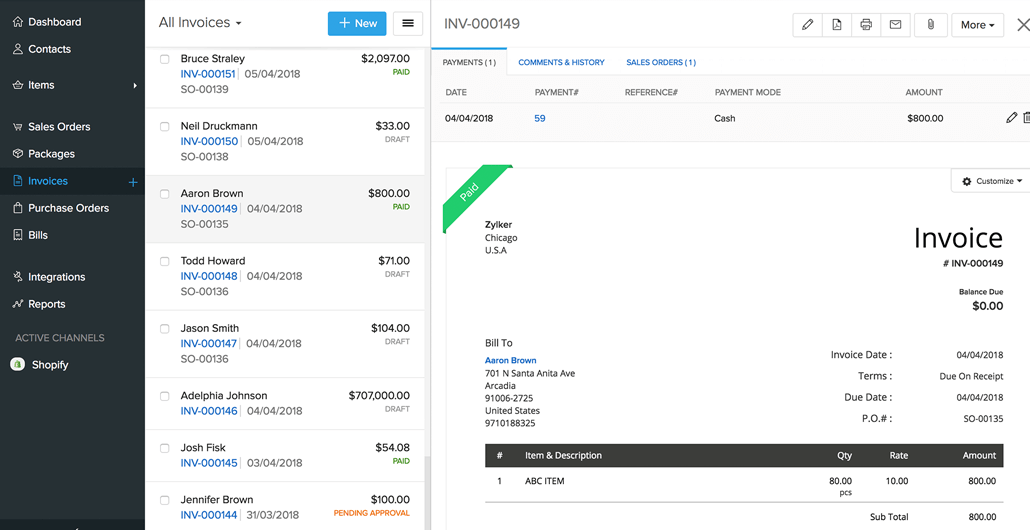 Zoho Invoice screenshot - 19 Meilleurs Logiciels de Facturation Commerciale Passés en Revue en 2026
