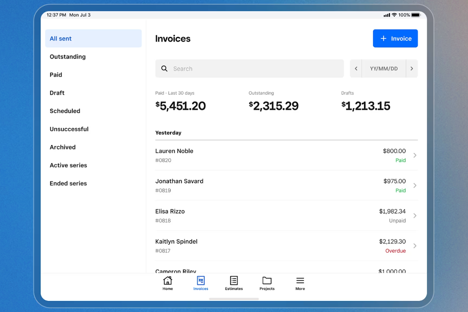 Square Invoices screenshot - 12 Beste KI-Abrechnungssoftware im Test 2026