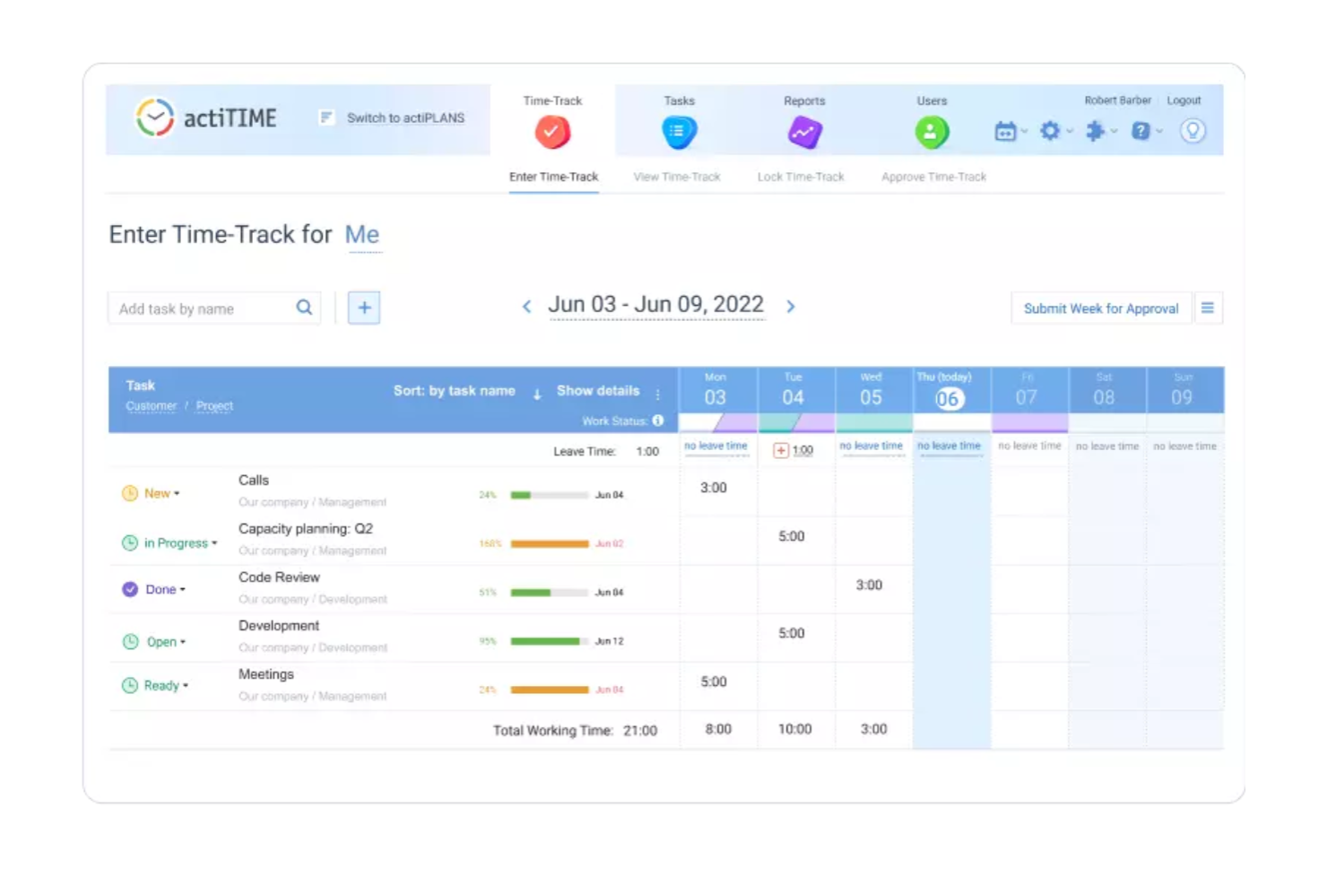 actiTIME screenshot - 16 beste Software für Zeiterfassung und Rechnungsstellung im Test 2026