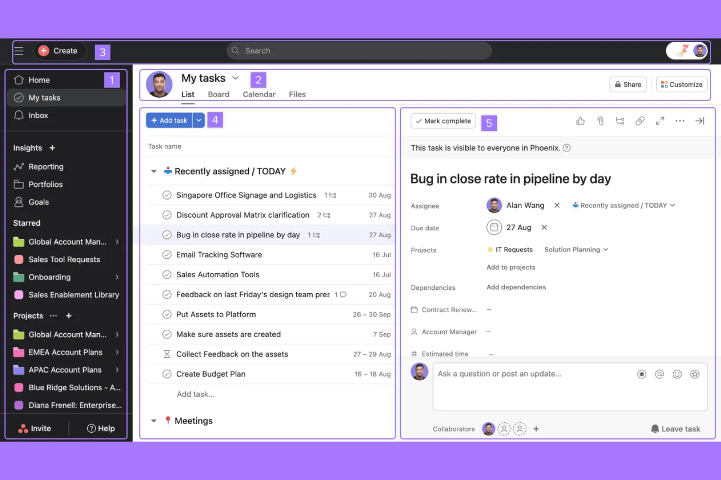 Asana screenshot - 14 alternatives à Smartsheet pour 2026