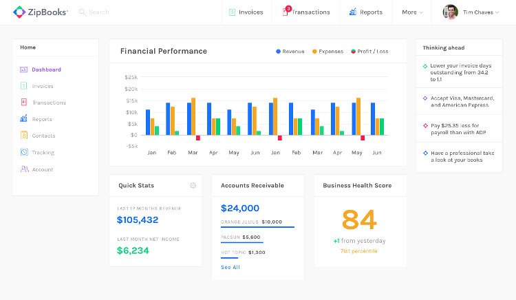 ZipBooks screenshot - 10 meilleurs logiciels de comptabilité gratuits testés pour 2026