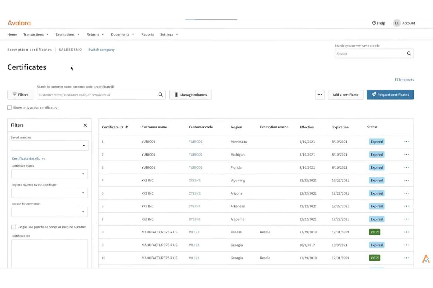 Avalara screenshot - 16 meilleures alternatives à TaxJar examinées en 2026