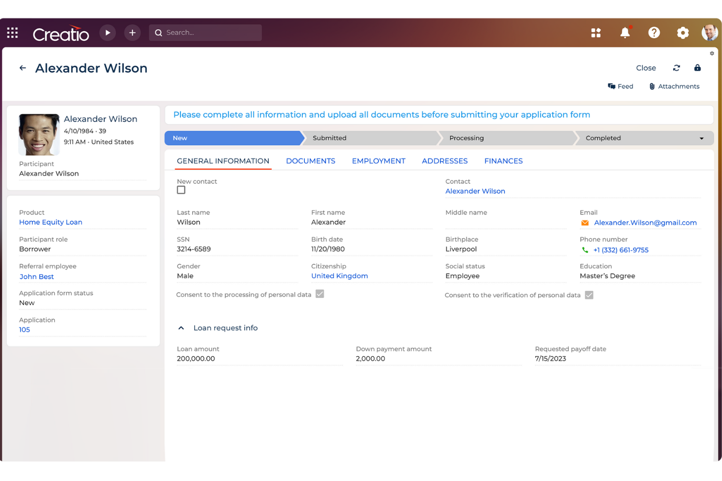 Creatio CRM screenshot - 10 Mejores Software de Administración de Préstamos Revisados en 2026