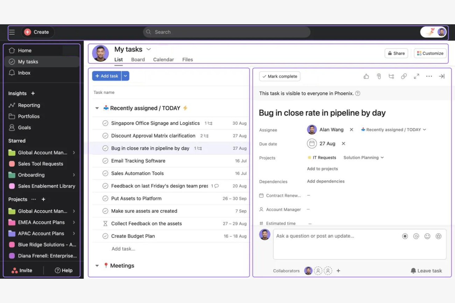 Asana screenshot - Le 10 migliori alternative ad Accelo recensite nel 2026