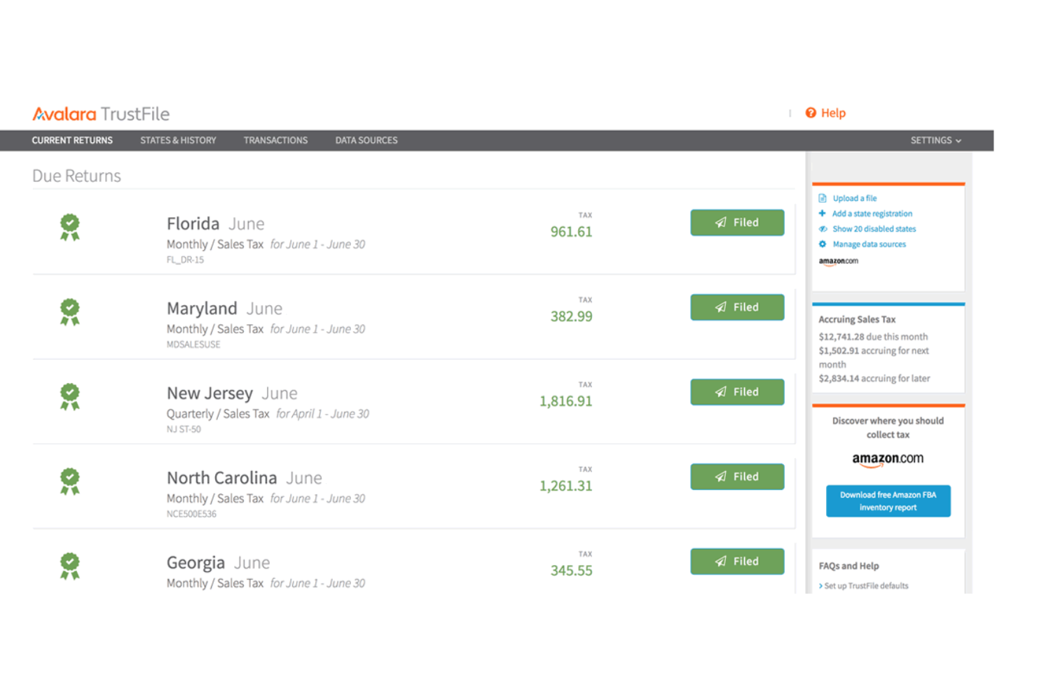 Avalara screenshot - Los 10 Mejores Programas de Contabilidad para Ventas Directas Revisados en 2026